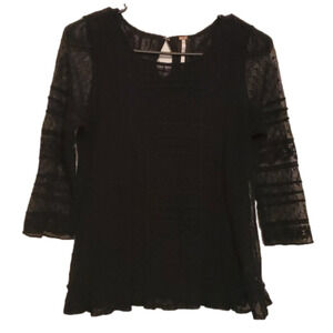Free People Black Mesh Lace 3/4 Sleeve Ruffle Hem Blouse Size Small